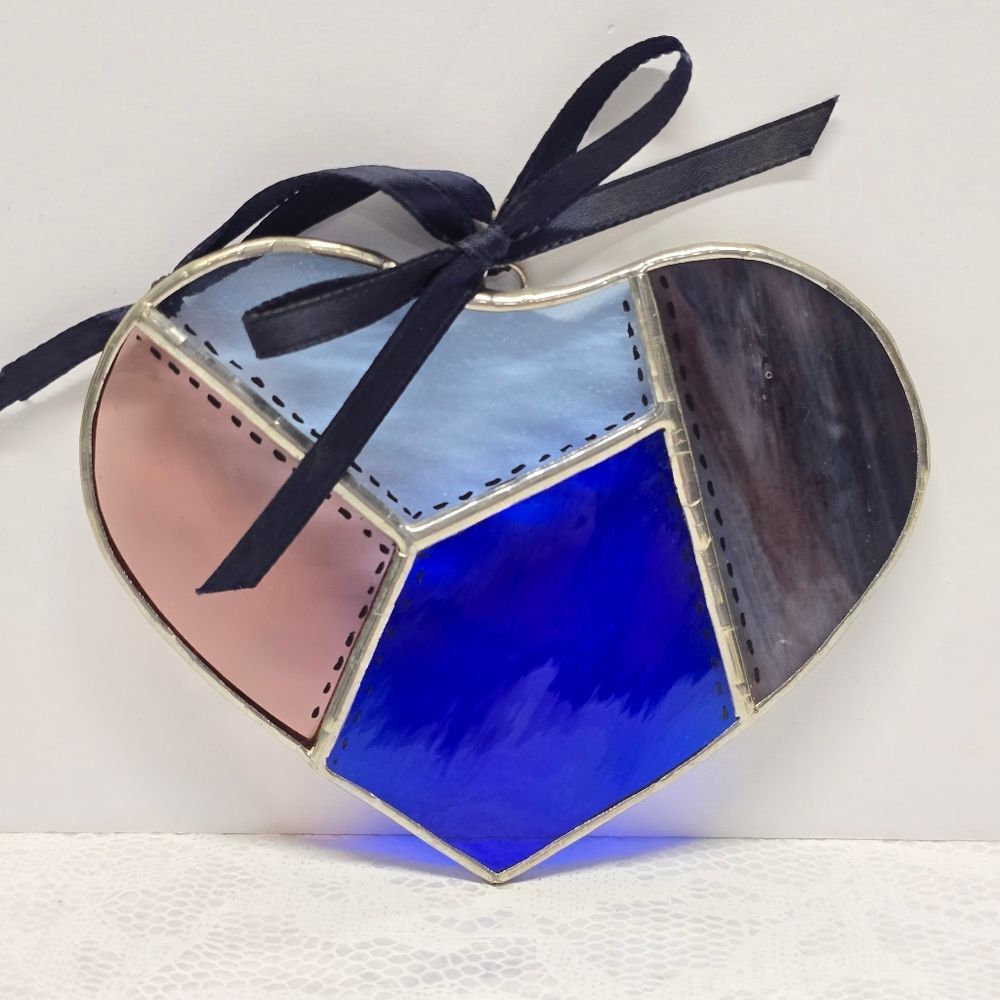 Vintage Stained Glass Patchwork Heart Ornament Cobalt Blue Valentine's Day Gift